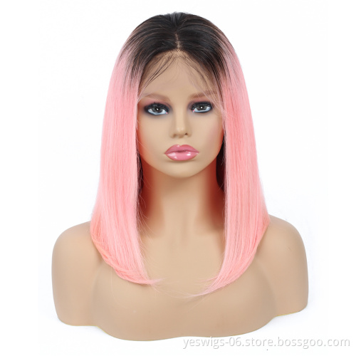 Yeswigs 1b-Pink Bob Silky Straight Unprocessed Virgin Human Hair Ombre Brazilian Cuticle Aligned Lace Frontal Human Hair Wig